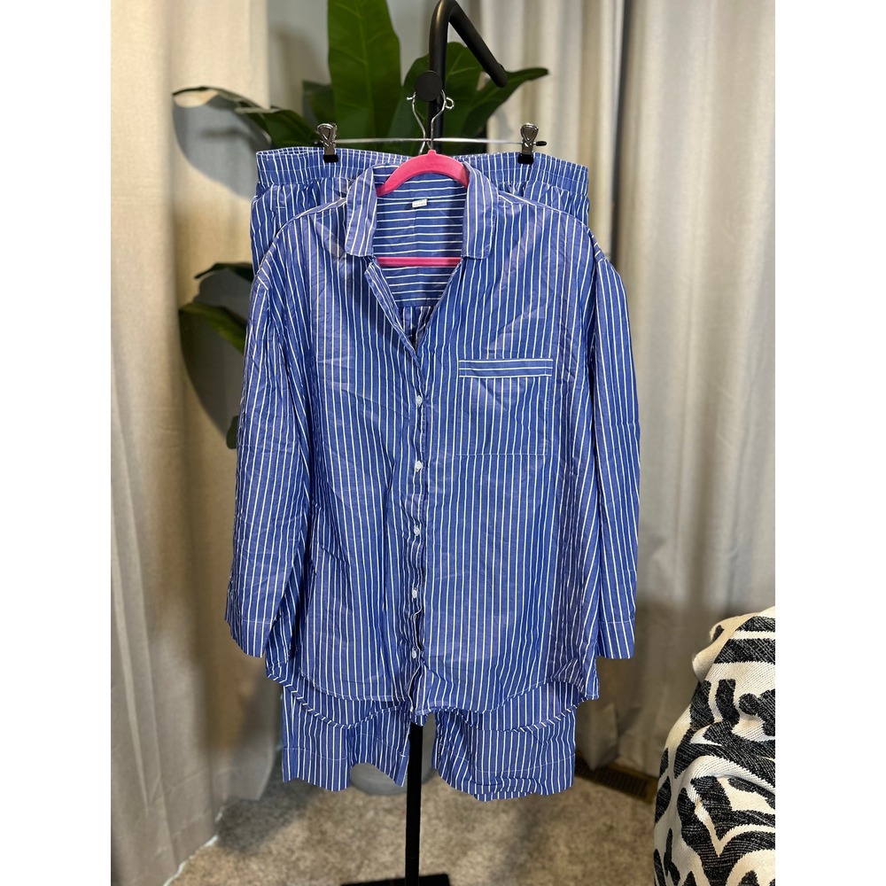 Old Navy Mens Blue White Striped Pajama Set Button Down Top Elastic Pants XL